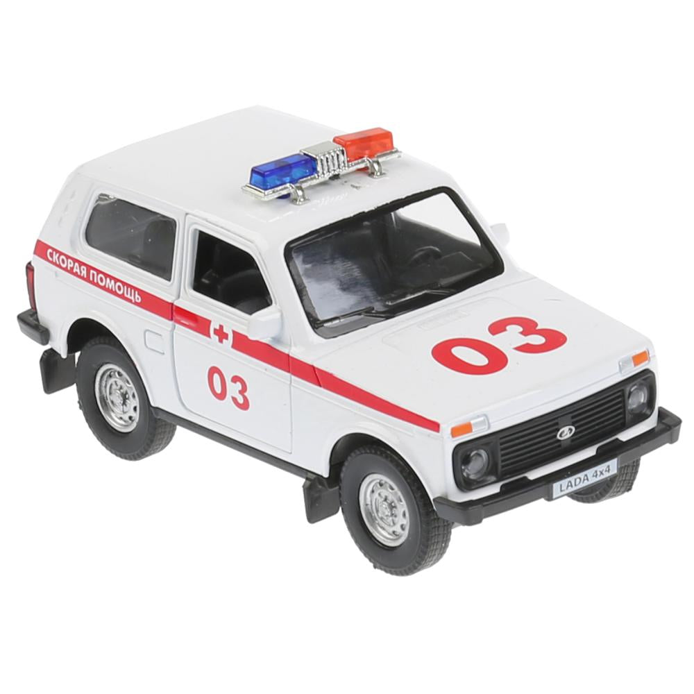 Машина металл свет-звук "LADA 4x4 СКОРАЯ" 12см, открывающаяся. двери, инерц. в кор. Технопарк в кор.2*36шт