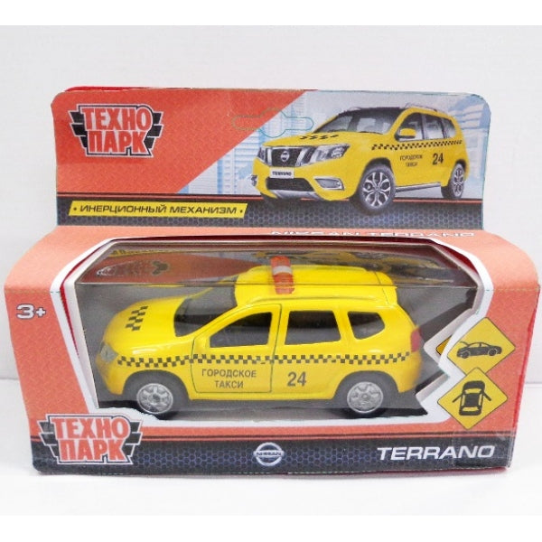 МАШИНА «ТЕХНОПАРК» МЕТАЛЛ. ИНЕРЦ. NISSAN TERRANO ТАКСИ 12СМ, ОТКРЫВ. ДВЕРИ В РУСС. КОР. в кор.2*24шт
