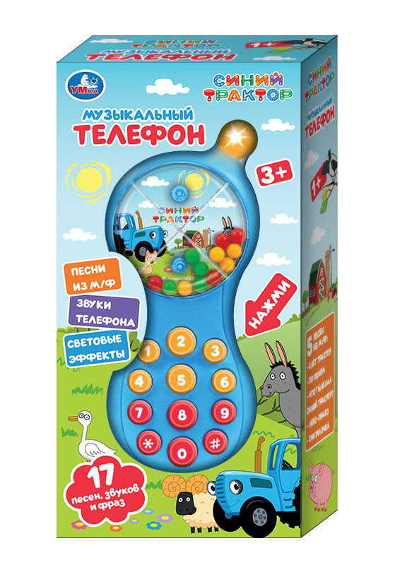 Музыкальный телефон СИНИЙ ТРАКТОР 17 песен,звуков и фраз.кор.бат Умка в кор.2*120шт