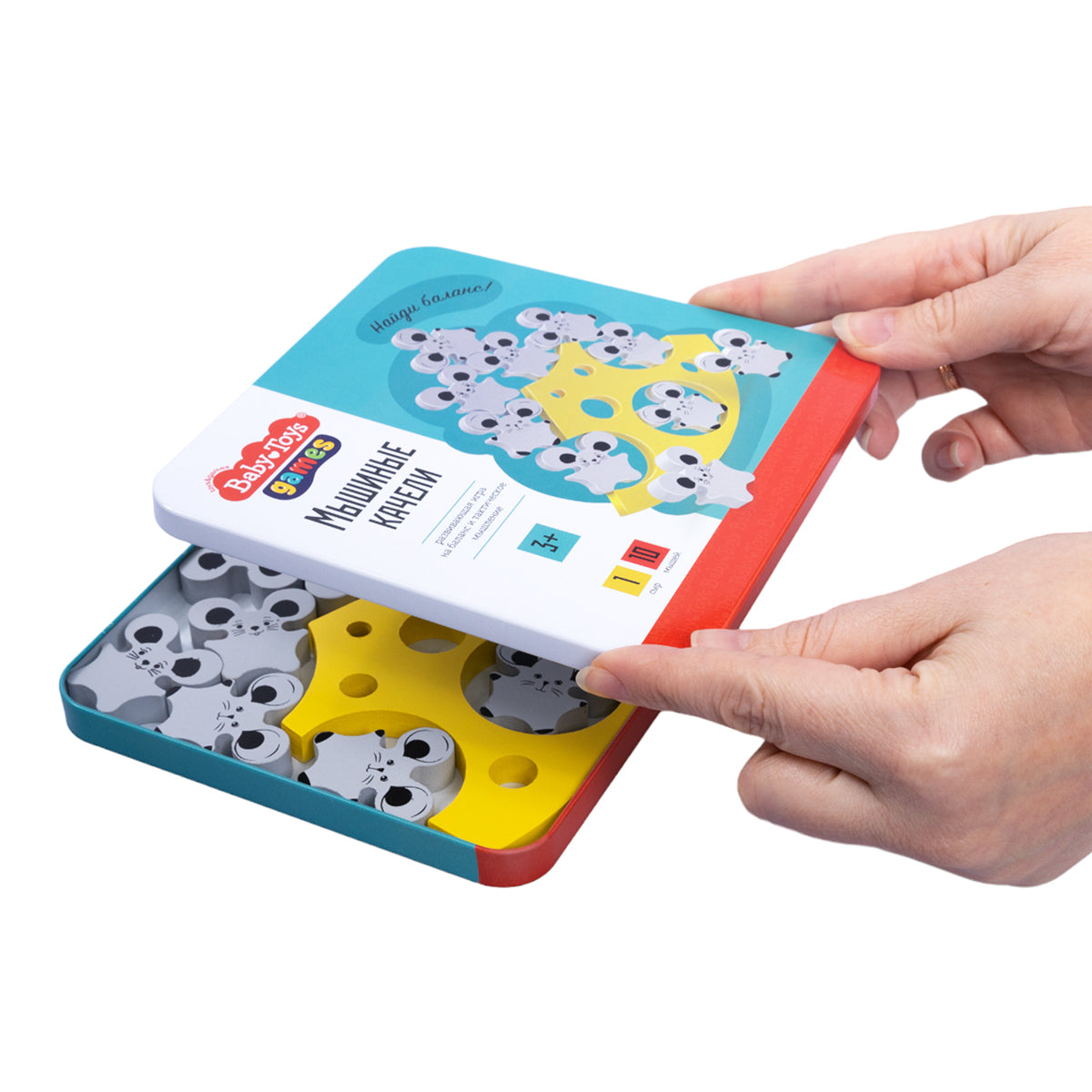 Игра деревянная Балансир "Мышиные качели" в жестяной коробочке серия "Игры для малышей"