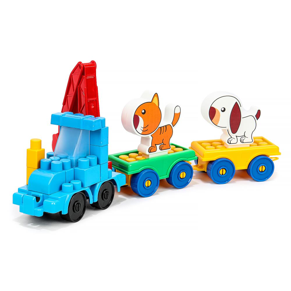 10046-BA Конструктор синий трактор+тележки с животными, 35 дет. Город мастеров в кор.8шт