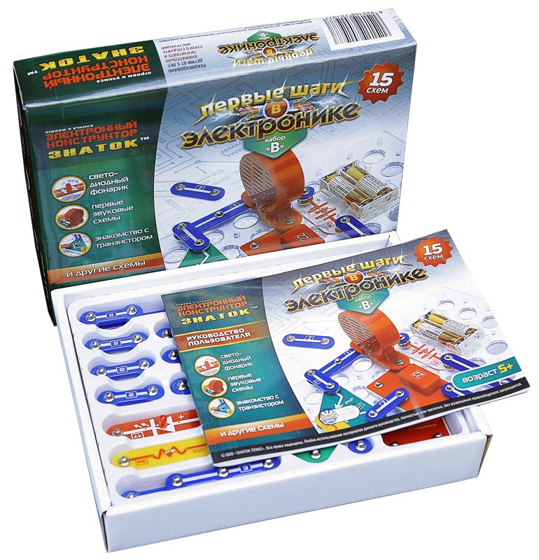 Эл. конструктор ЗНАТОК "Первые шаги в электронике". Набор "В" (15 схем)