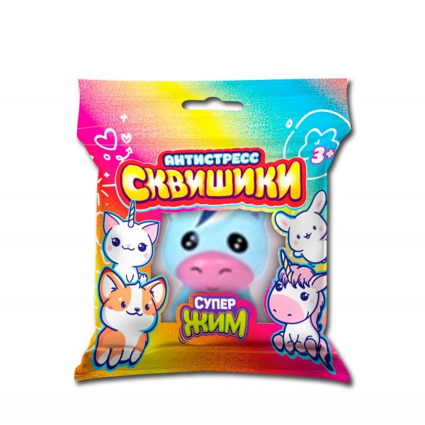 Сквиш антистресс животные, единорог голубой, флоупак Супер Жим в кор.6*12шт