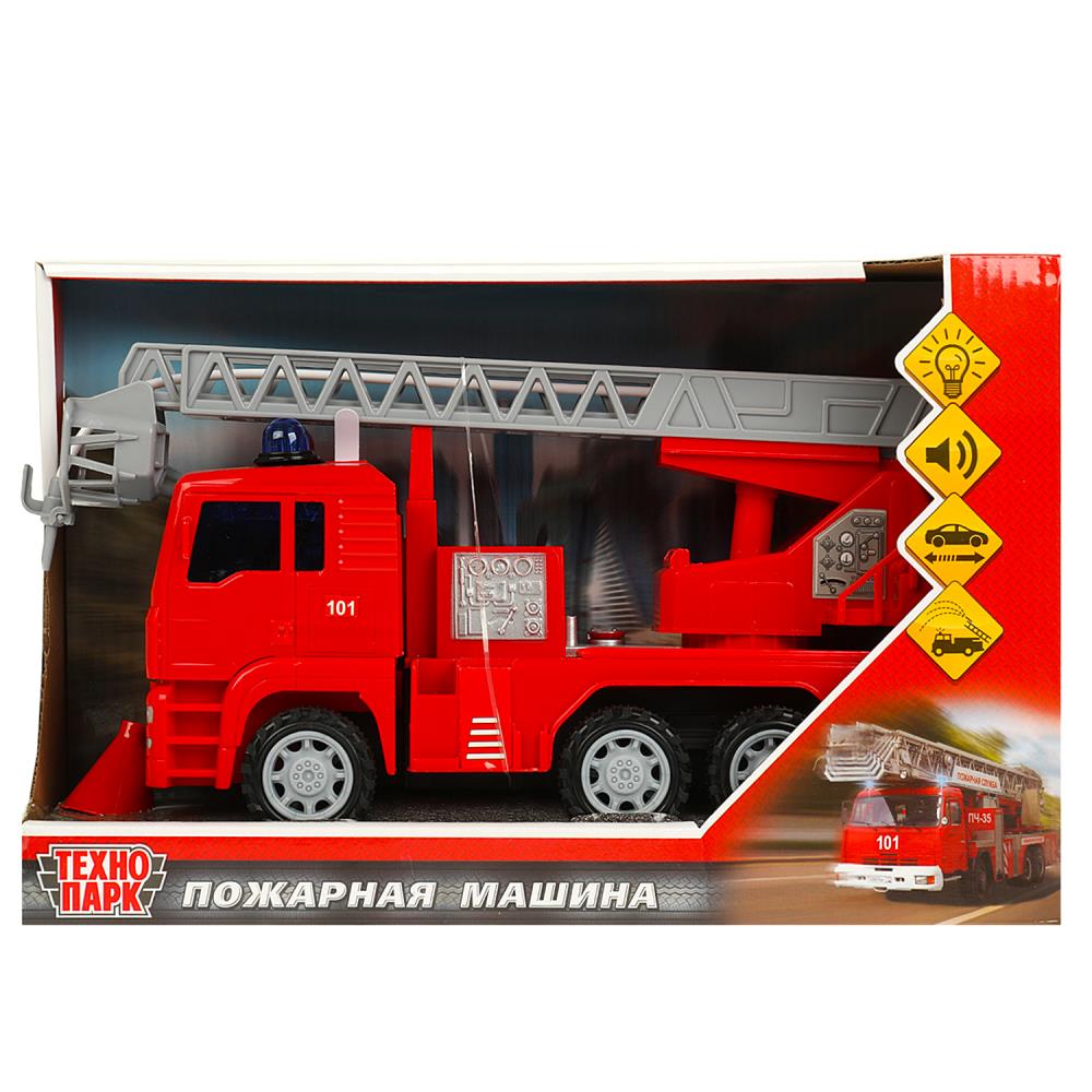 Машина ПОЖАРНАЯ длина 24см, пластик, свет+звук, инерц, брызгает водой в кор. Технопарк в кор.2*12шт