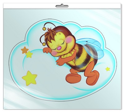 *FM-9514 ПЛАКАТ ВЫРУБНОЙ А4 В ПАКЕТЕ. Пчелка на облачке (с блестками в индивидуальной упаковке с европодвесом и клеевым клапаном)