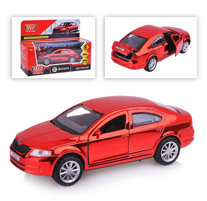 Машина металл SKODA OCTAVIA ХРОМ КРАСНЫЙ, 12см, открыватель. двери, инерц. в кор. Технопарк в кор.2*36шт