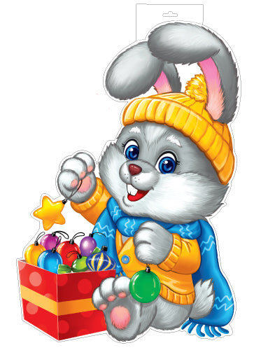 Ф-16582 Plaque de commande A3. Зайчик с новогодними игрушками (двухсторонний, ВД-лак)