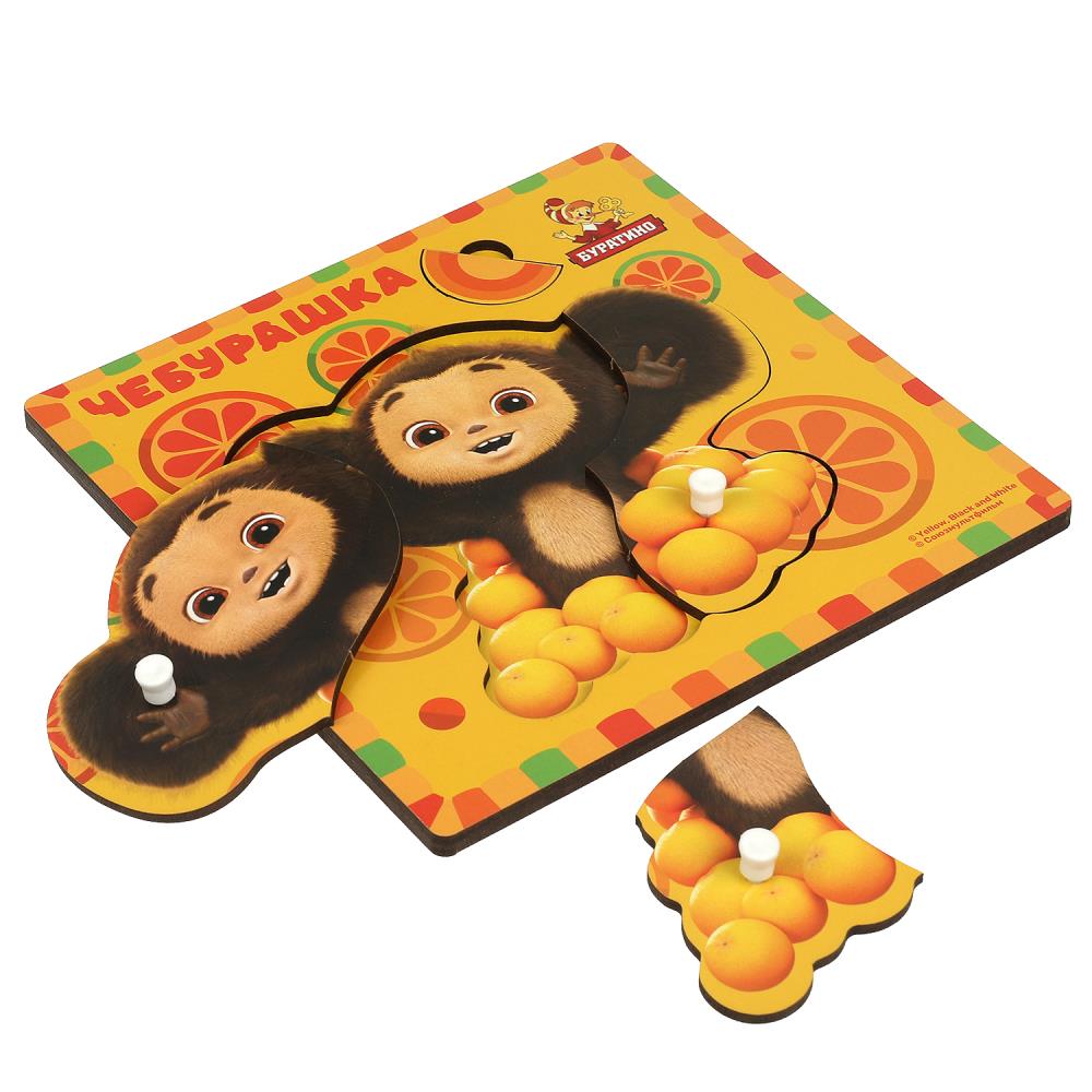 Игрушка деревянная рамка-вкладыш с ручками Чебурашка 17*17 см, термопакет Буратино в кор.20шт