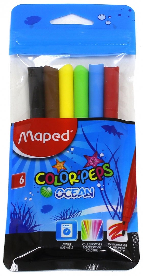 Maped. Фломастеры "Color'Peps Ocean" супер смываемые в пакете с подвесом (6 цв) арт.845723