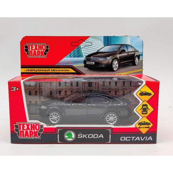 Машина металл SKODA OCTAVIA 12 см, двери, багаж, инерц. черный кор. Технопарк в кор.2*36шт