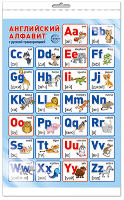 *ПЛ-14972 ПЛАКАТ А3 В ПАКЕТЕ. Английский алфавит с русской транскрипцией (в индивидуальной упаковке, с европодвесом и клеевым клапаном)