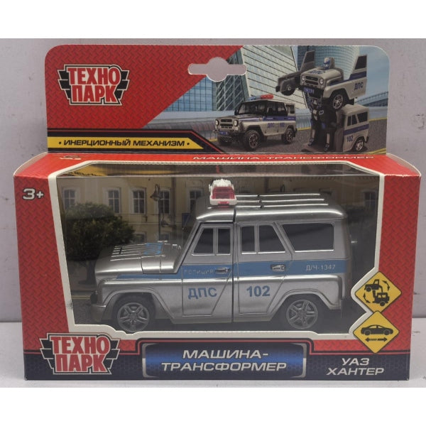 Машина пластик UAZ HUNTER 12 см, трансформер, ПОЛИЦИЯ, инерц, серебрист,кор. Технопарк