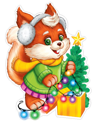 ФМ1-16583 Плакат вырубной А4. Белочка с гирляндой и елочкой (двухсторонняя, ВД-лак)