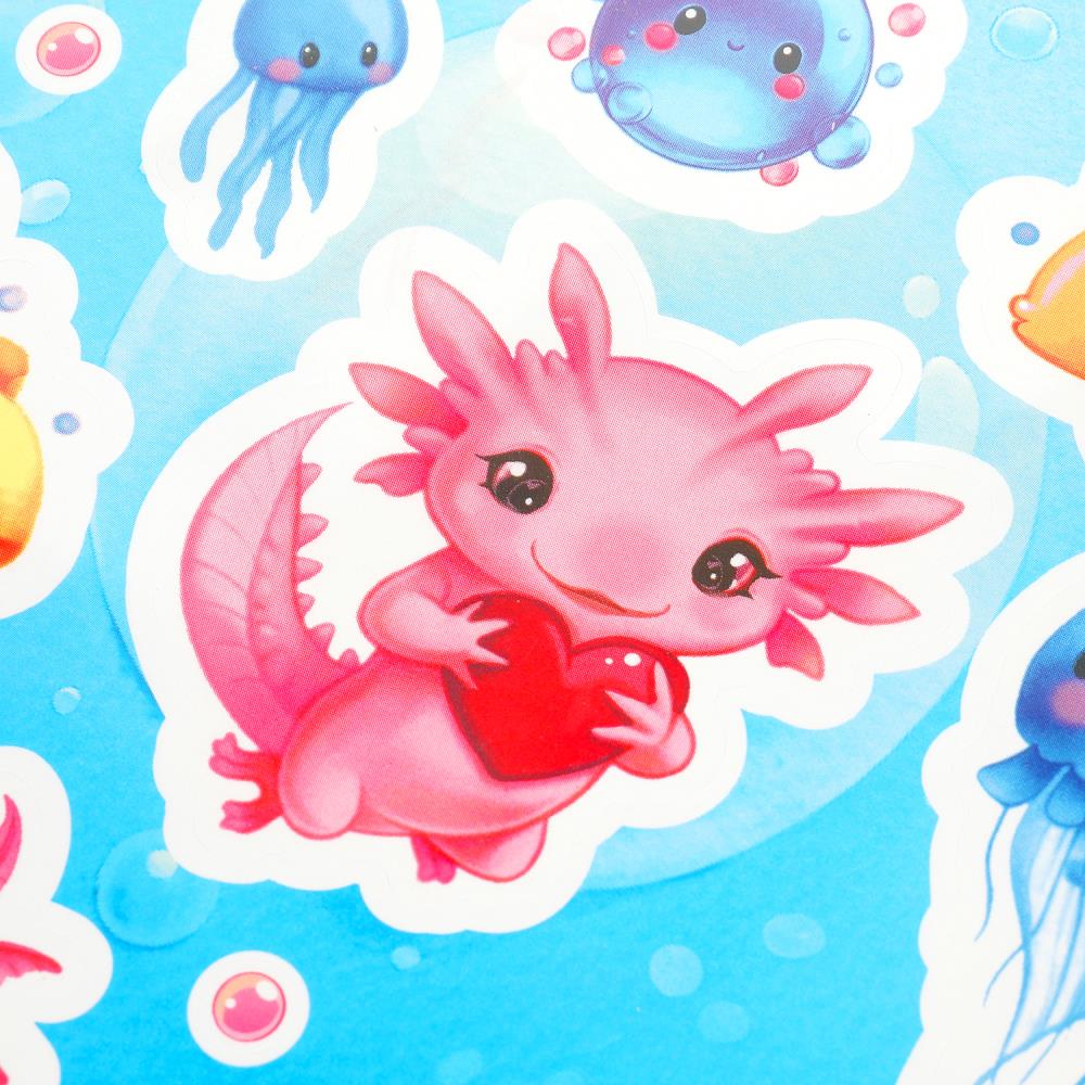 Наклейки бумажные 12х18 см, аксолотль МУЛЬТИ АРТ в кор.500шт