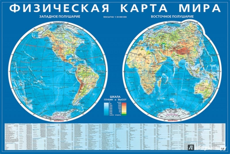 Физическая карта мира. Карта полушарий. На картоне