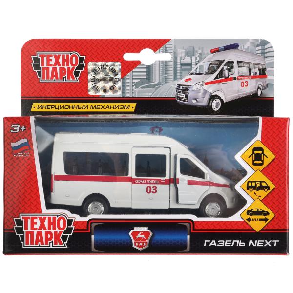 Машина металл ГАЗ Газель NEXT скорая 12см, открывающаяся. двери, инерц. в кор. Технопарк в кор.2*24шт