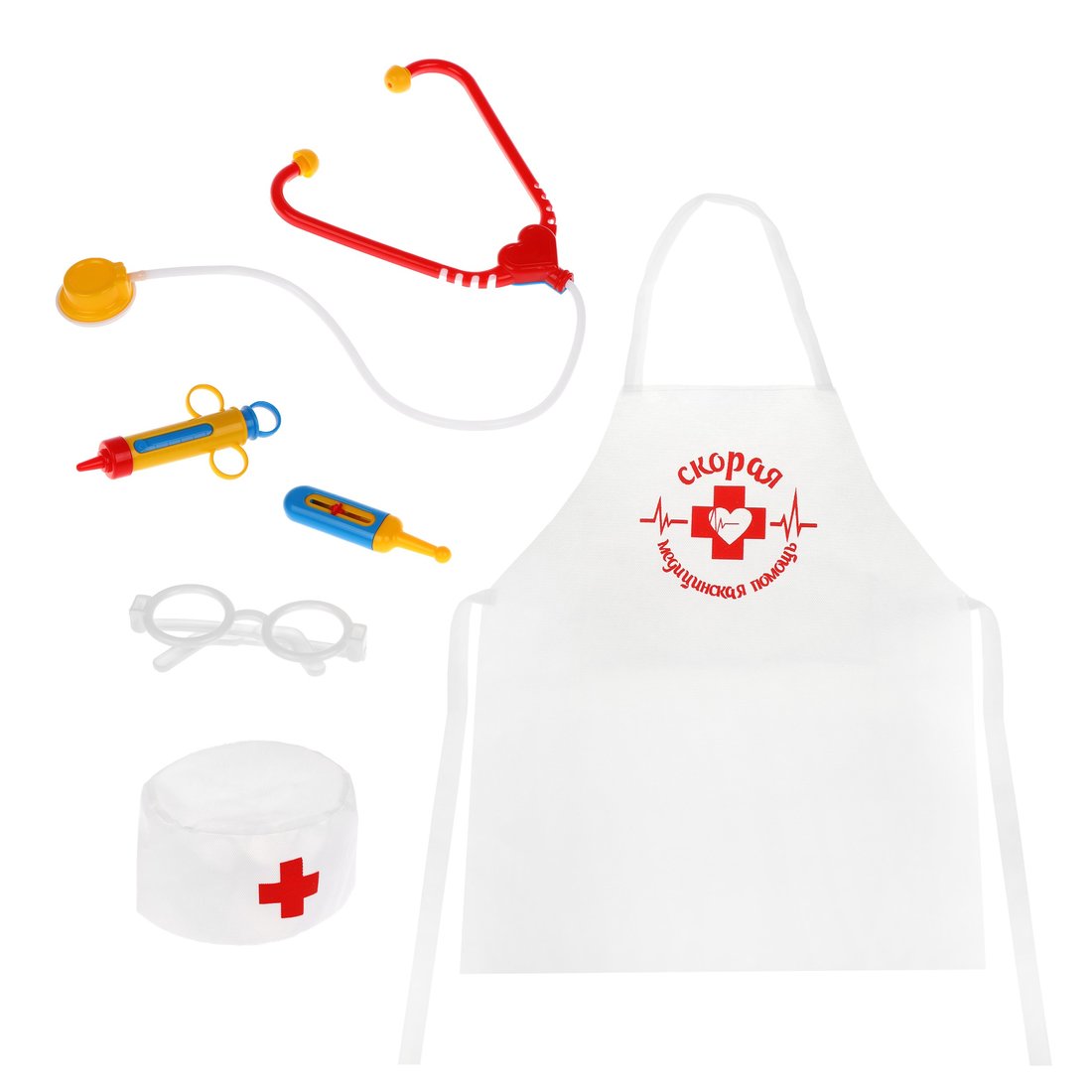 Mega Toys. Набор "Доктор" арт.МТ0303 (6 пр.:фартук,шапка,очки,градусник,шприц,стетоскоп) в сумочке