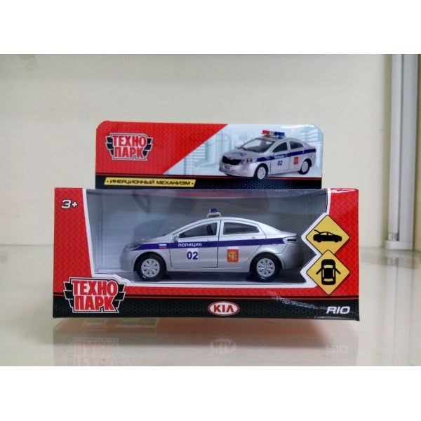 RIO-POLICE 239547 МАШИНА "ТЕХНОПАРК" МЕТАЛЛ. ИНЕРЦ. KIA RIO ПОЛИЦИЯ 12СМ, ОТКРЫВ. ДВЕРИ В РУСС. КО
