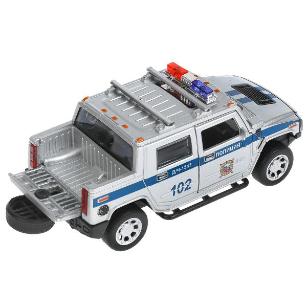 Машина металл свет-звук HUMMER H2 PICKUP ПОЛИЦИЯ 12 см, двери, багажн, кор. Технопарк в кор.2*36шт