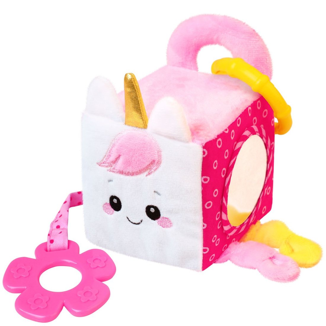 ИГРУШКА "МЯКИШИ" РАЗВИВАЮЩИЙ КУБИК С ЗЕРКАЛОМ И ПРОРЕЗЫВАТЕЛЕМ (ЕДИНОРОГ ЛАЙК) в кор.16шт