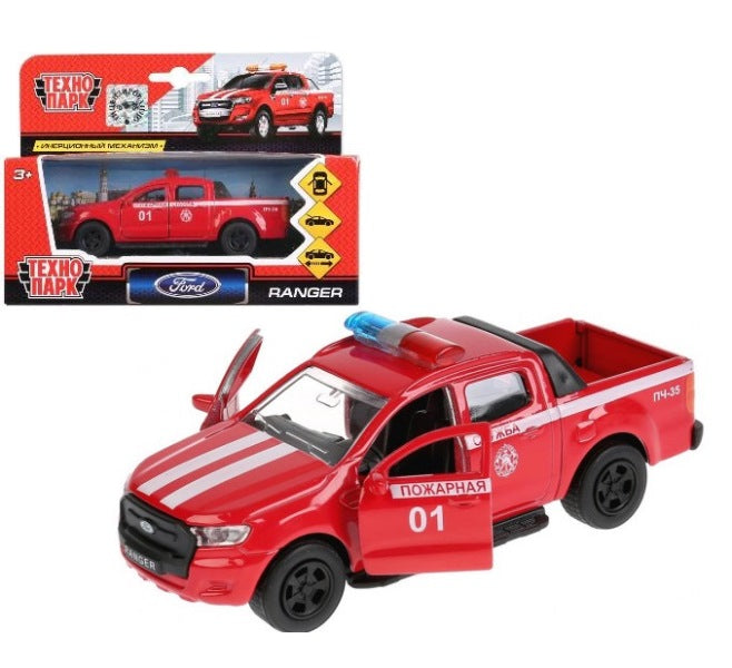 Технопарк. Модель "Ford Ranger. Пикап пожарный" арт.SB-18-09-FR-F 12см, открыв. двери, инерц. в кор.