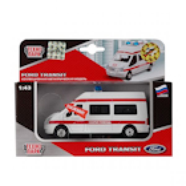 МАШИНА «ТЕХНОПАРК» МЕТАЛЛ. ИНЕРЦ. FORD TRANSIT СКОРАЯ ПОМОЩЬ, СВЕТ+ЗВУК В РУССКИ. КОР. в кор.2*24шт