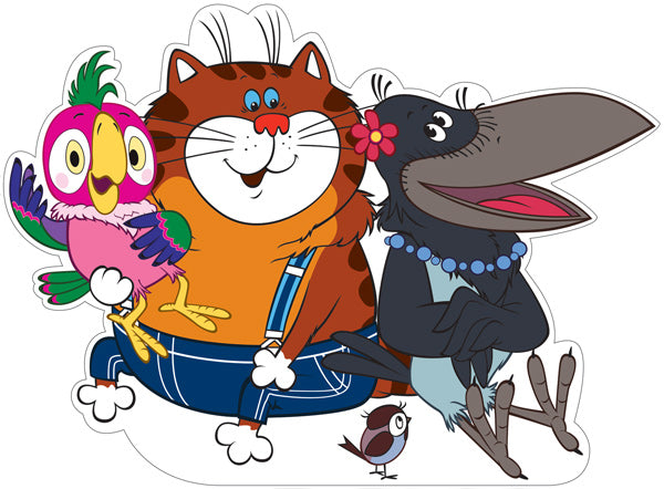 Ф2-12615 Плакат вырубной А3. Попугай Кеша с друзьями из мультфильма Возвращение блудного попугая (с блестками в лаке)