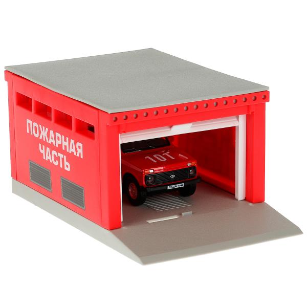 Technoparc. Garage "Пожарная часть" plastique 20,5 cm, + machine LADA 4x4, rouge, art.GARAGESMA-20PLFRI-L