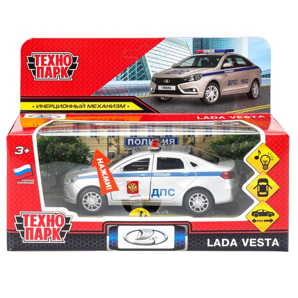 Машина металл свет-звук LADA vesta ПОЛИЦИЯ 11,5 см, двер, багаж, кор. Технопарк в кор.2*36шт