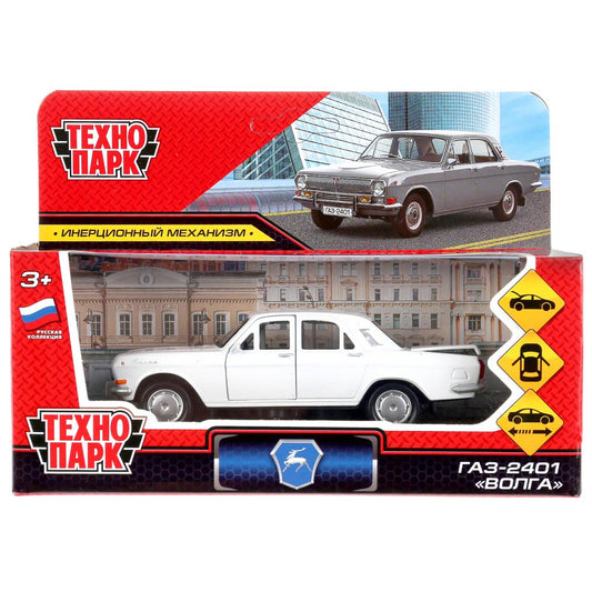 Машина металл ГАЗ-2401 ВОЛГА длина 12 см, двери, багажник, инерц, белый, кор. Технопарк в кор.2*36шт
