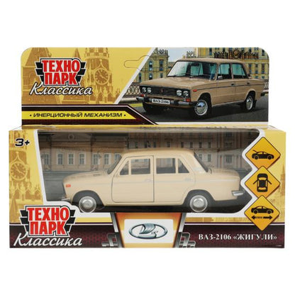 Машина металл ВАЗ-2106 ЖИГУЛИ длина 12 см, двери, багажник, инерц,бежевый, кор. Технопарк в кор.2*36шт