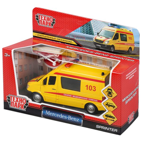 Машина "mercedes-benz sprinter реанимация" 14см, открыв. двери, инерц. в кор. Технопарк в кор.2*32шт