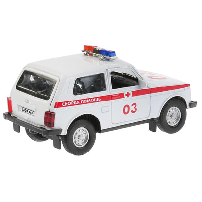 Машина металл свет-звук "LADA 4x4 СКОРАЯ" 12см, открывающаяся. двери, инерц. в кор. Технопарк в кор.2*36шт