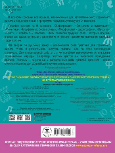 Летние задания по русскому языку. Все правила для повторения и закрепления учебного материала. 2 класс