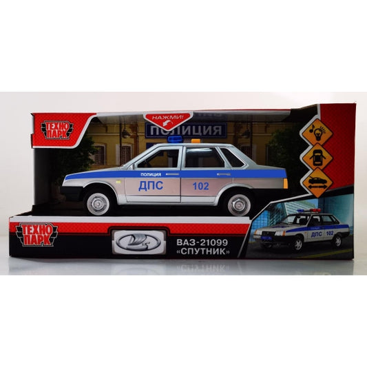 Машина пластик свет-звук ваз-21099 ПОЛИЦИЯ 22 см,двер,4 кноп,инерц,сер,кор. Технопарк в кор.36шт
