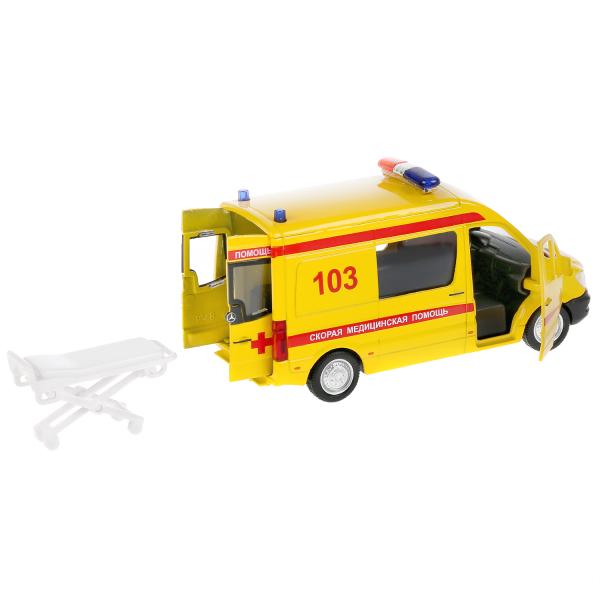 Машина "mercedes-benz sprinter реанимация" 14см, открыв. двери, инерц. в кор. Технопарк в кор.2*32шт