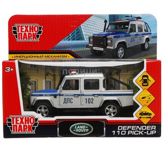 Машина металл LAND ROVER DEFENDER PICKUP ПОЛИТИЯ 12 см, двери, багажн, кор. Технопарк в кор.2*36шт