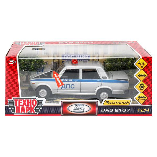 Машина металл свет-звук LADA ваз 2107,дв,к,баг,св-зв,ин,17,5 см,ПОЛИЦИЯ сер Технопарк в кор.2*18шт