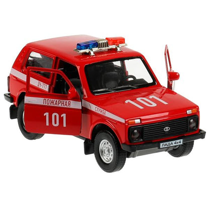 Technoparc. Garage "Пожарная часть" plastique 20,5 cm, + machine LADA 4x4, rouge, art.GARAGESMA-20PLFRI-L