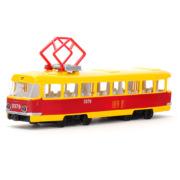 ТРАМВАЙ "ТЕХНОПАРК" МЕТАЛЛ. ИНЕРЦ. 1:43, СВЕТ+ЗВУК, ОТКРЫВ. ДВЕРИ В РУСС. КОР. 16,5СМ в кор.2*24шт