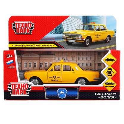 Машина металл "газ-2401 волга такси" 12см, открыв.двери, инерц., желтый в кор. Технопарк в кор2*36шт