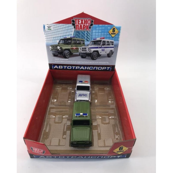 Машина металл УАЗ ХАНТЕР полиция/война 12 см, двер, багаж, инерц, дисп Технопарк уп-6шт в кор.12уп