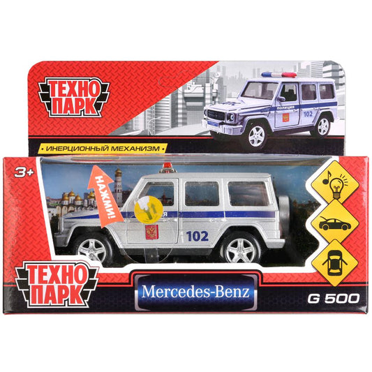 Машина металл светзвук MERCEDES-BENZ G-CLASS ПОЛИЦИЯ 12 см, дверь, сумка, кор. Технопарк в кор.2*36шт