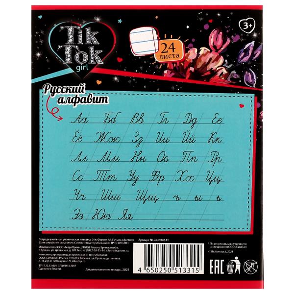 Тетрадь, 24 листа, линейка, диз 2, TIK TOK GIRL в кор.160шт