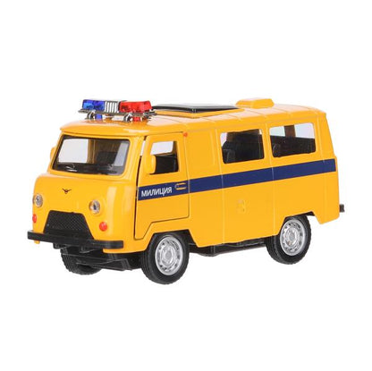 Машина металл свет-звук Уаз-452 "буханка" МИЛИЦИЯ 10,5 см,,желтый, кор. Технопарк в кор.2*36шт