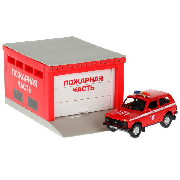 Technoparc. Garage "Пожарная часть" plastique 20,5 cm, + machine LADA 4x4, rouge, art.GARAGESMA-20PLFRI-L