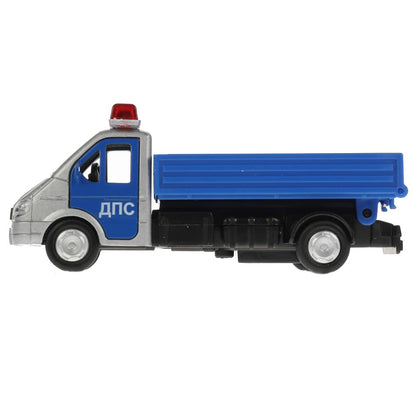 Машина металл ГАЗЕЛЬ 3302 САМОСВАЛ ПОЛИЦИЯ, 12 см, дв., баг., инерц., кор. Технопарк в кор.2*24шт