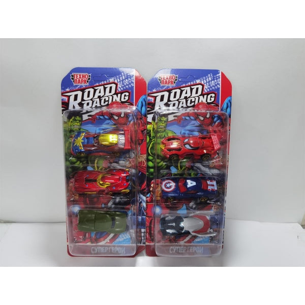 Машина металл ROAD RACING набор супергерои 7,5 см, 3 шт,в ассорт, блистер Технопарк в кор.2*120шт