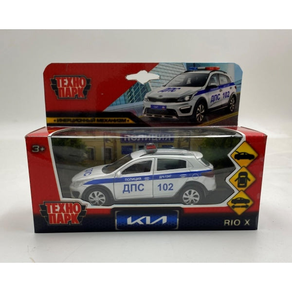 Машина металл KIA RIO X ПОЛИЦИЯ длина 12 см, двер, багаж, инерц, белый, кор. Технопарк в кор.2*36шт
