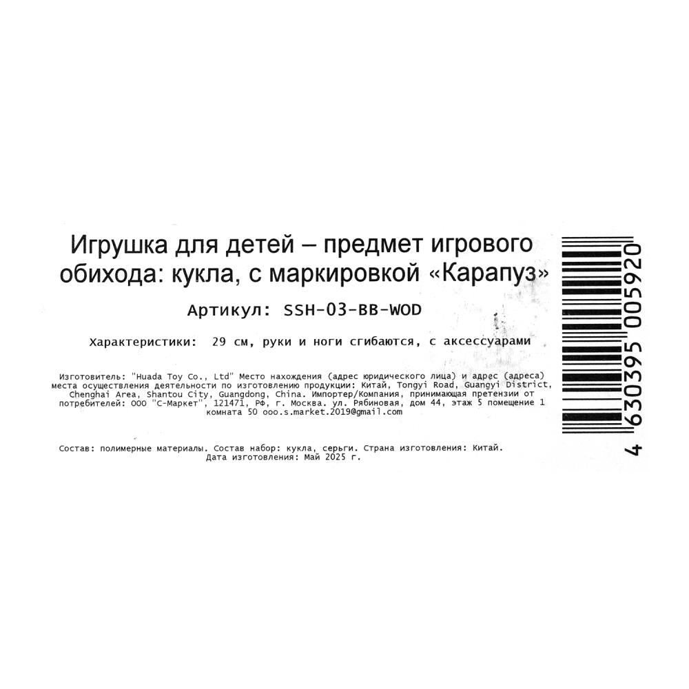Кукла 29см София, руки и ноги сгиб., кор. КАРАПУЗ в кор.24шт